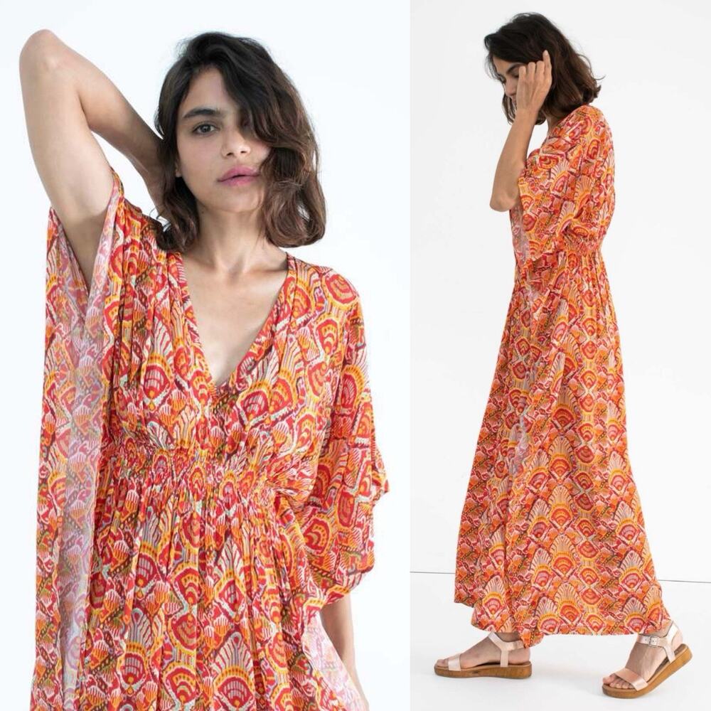 Rujuta Sheth Marie Cinch Kaftan Seashell Print Maxi Dress Sz M/L Resort Cover Up